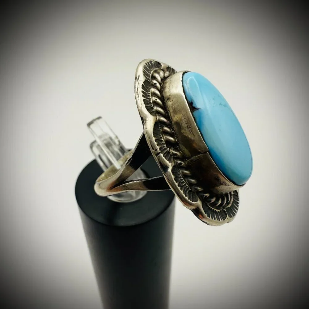 Navajo Sterling Turquoise Ring — artist-stamped F - Freda Martinez, Size 7
